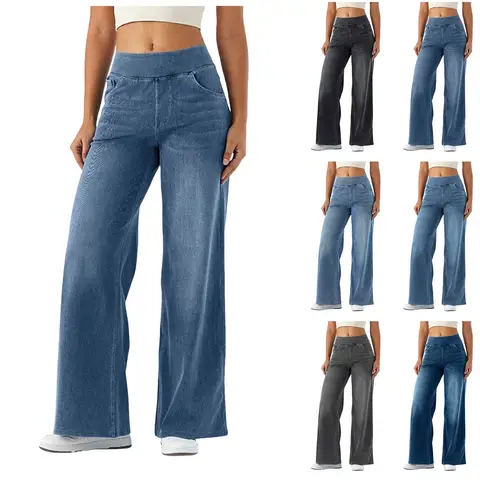 Womens Baggy Jeans High Waist Stretch Wide Leg Jeans Loose Fit Palazzo Pants With Pockets Causal Denim Trousers Pantalones