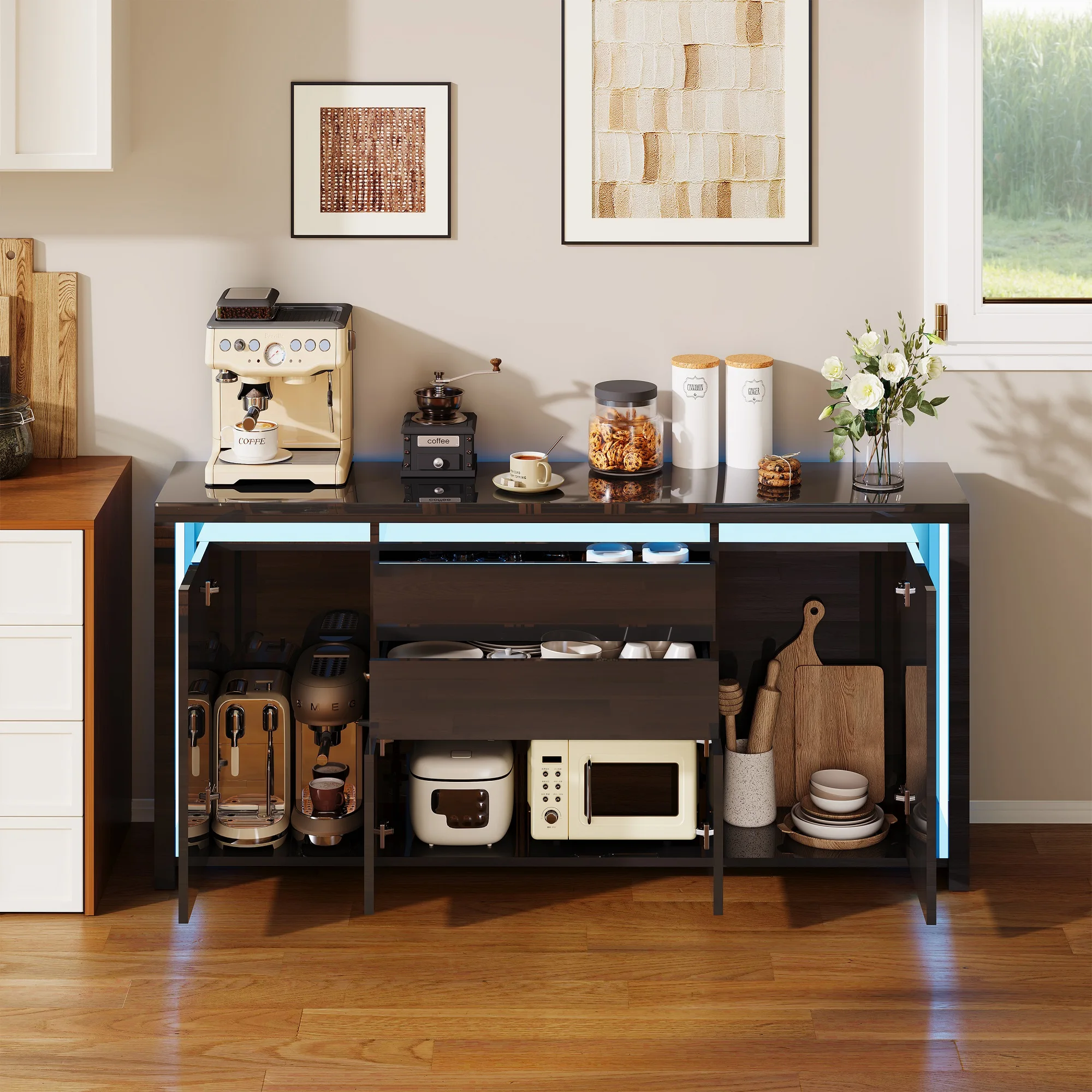 Rosahqnda Sideboard Hochglanzweiß mit LED, modernes Sideboard mit Tür und Schubladen, Buffetschrank, Kommode für die Küche – Detail 19