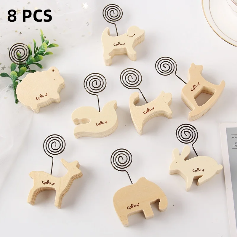 Pack of 8 Wooden Animal Message Folder Photo Paper Card Clip Stander Stationery Holder Postcard Clip Decorations Birthday Gift