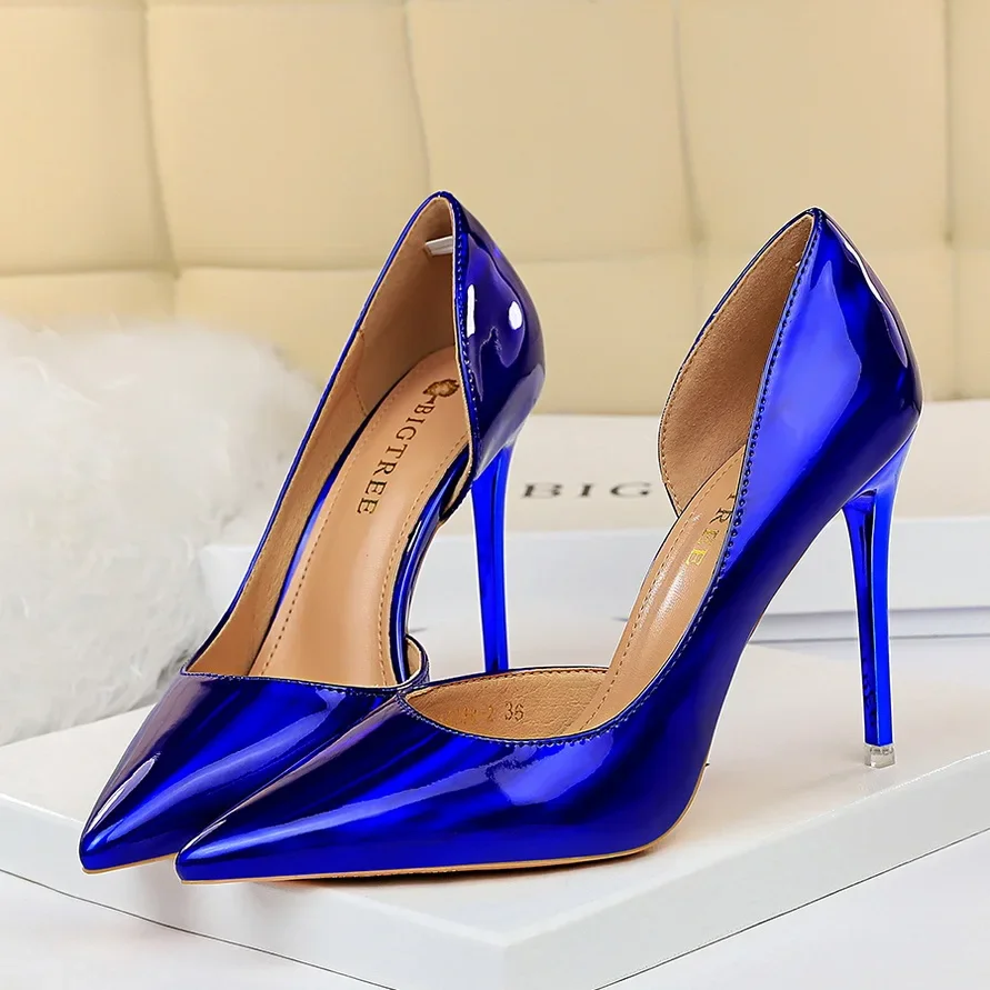 Women 10.5cm High Heels Glossy Leather Nightclub Blue Green Red Pumps Lady Valentine Heel Sexy Club Stiletto Daily Party Shoes