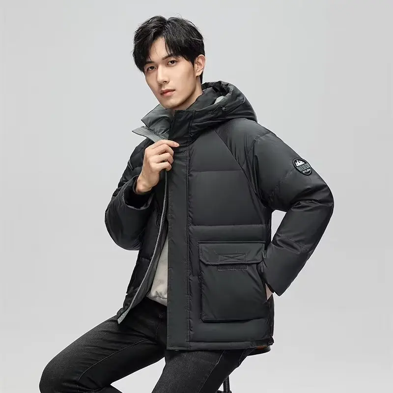 GIOIOMen's Down Cotton Jacket，Autumn Winter White Duck Down Filling Warm Hooded Three-Dimensional Pocket Men Jacket Coat