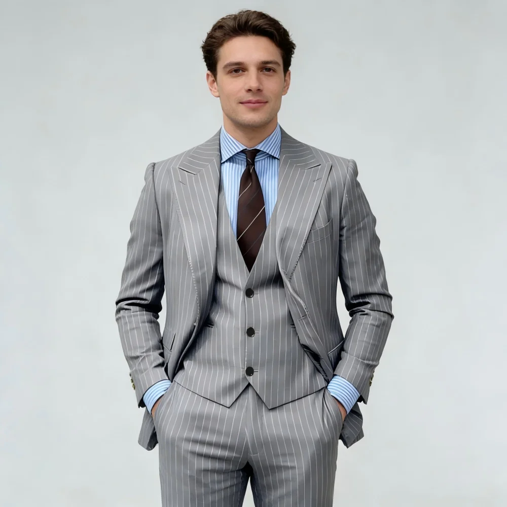 

High-Quality Three-Piece Striped Terno Art Wedding Jacket Single Breasted Pants Vest Men's Terno Suit