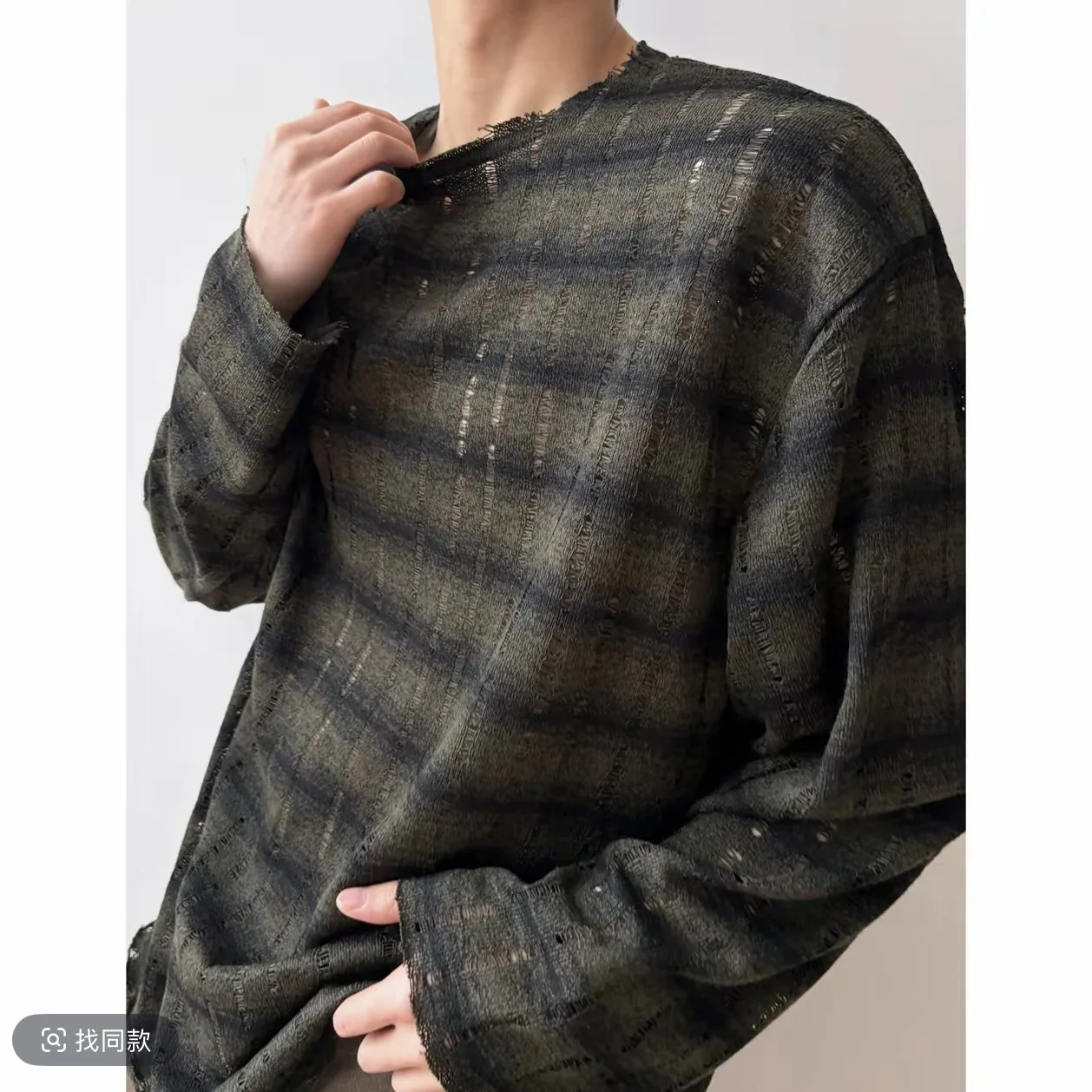 Men's Gradient Vertical Stripes Loose Hole Semi-transparent Thin Long-sleeved T-shirt Raw Edge Blouse