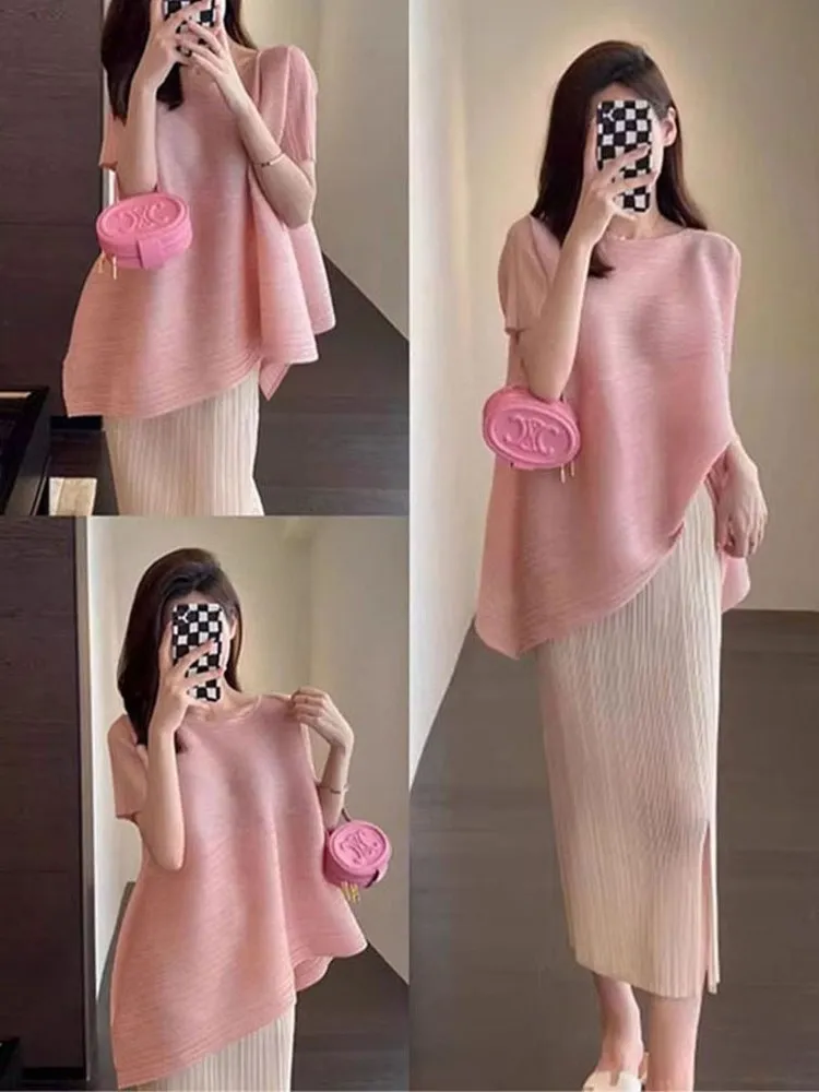 

High Waist Short Sleeve Pink Top And Skirt Set Pleated Design Anti-Aging Summer New Style Three Houses Wind Ensemble
