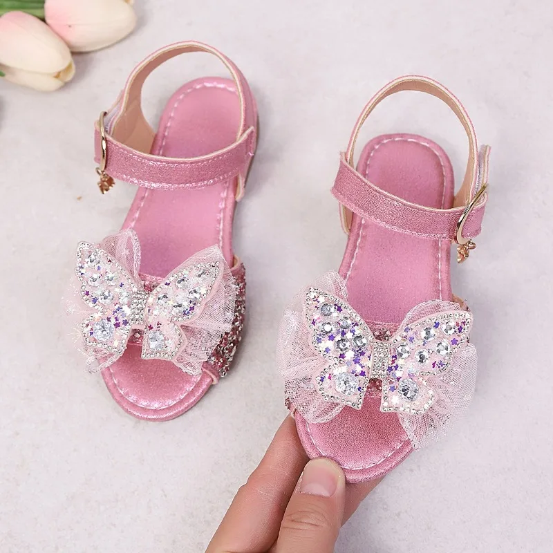 Kinder-Strandschuhe Süße Spitzenschleifen Mädchen-Sandalen Glänzende Pailletten 2026 Sommer Neue Kinder-Prinzessinnen-Sandalen Weiche Sohle Casual – Detail 6