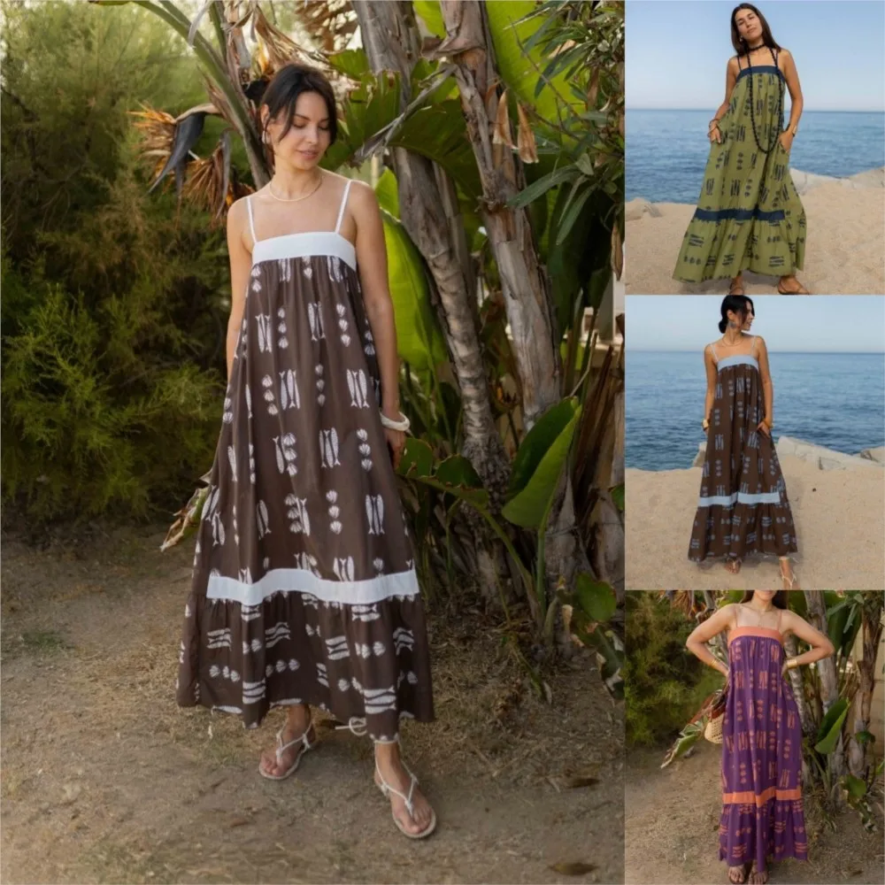 MsChuh Temperament Women Casual Dresses A-line Dress Spaghetti Strap Vestidos For Woman Vacation Holiday Printed Contrast Simple