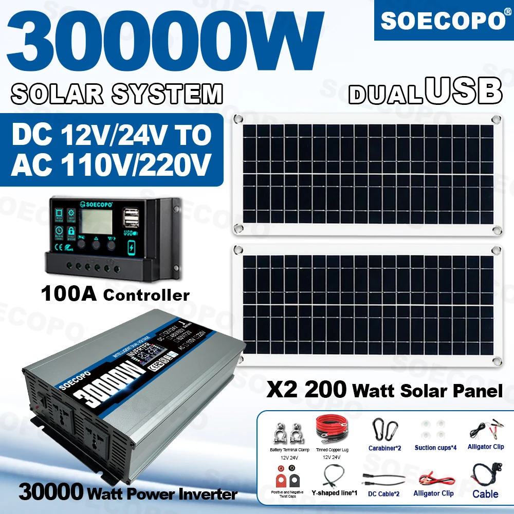 SOECOPO 30000W Peak Solar System Kit 2*200W Photovoltaic Panels 12V 24V To 110V/220V Inverter 100A Controller for Home Camping