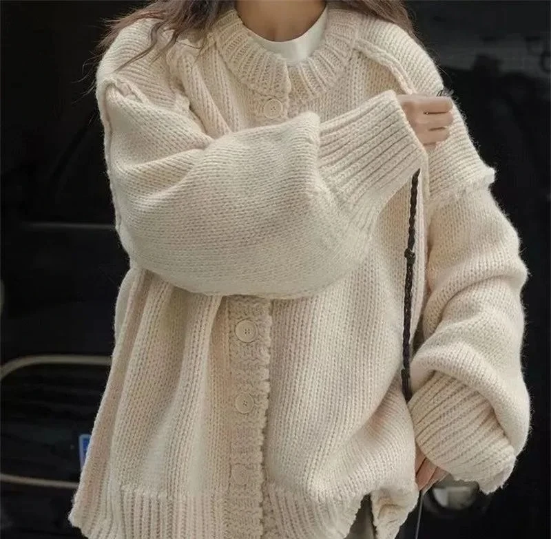 

Ленивый стиль, однотонный дизайн с рукавами принцессы, новый осенне-зимний женский утолщенный свободный вязаный кардиган, универсальный свитер