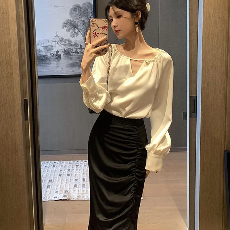 

Silk Long Sleeve Shirt And High Waist Skirt Two Piece Set for Women Spring Autumn Slimming Fish Tail Hemline Casual Style