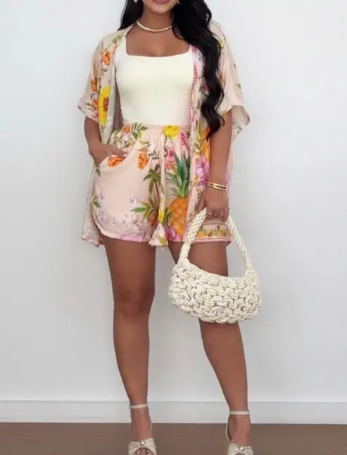 2 Pieces Outfit Open Front Side Slit Cardigan & Elastic Waist Tie Front Shorts Set Casual Floral & Pineapple Print Vacation Set