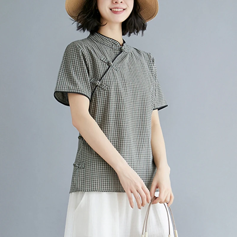 

Large Size Women's Plaid Cotton irt ort Sve Stand Collar Chinese Sle Small Top Belly Covering Summer Faion