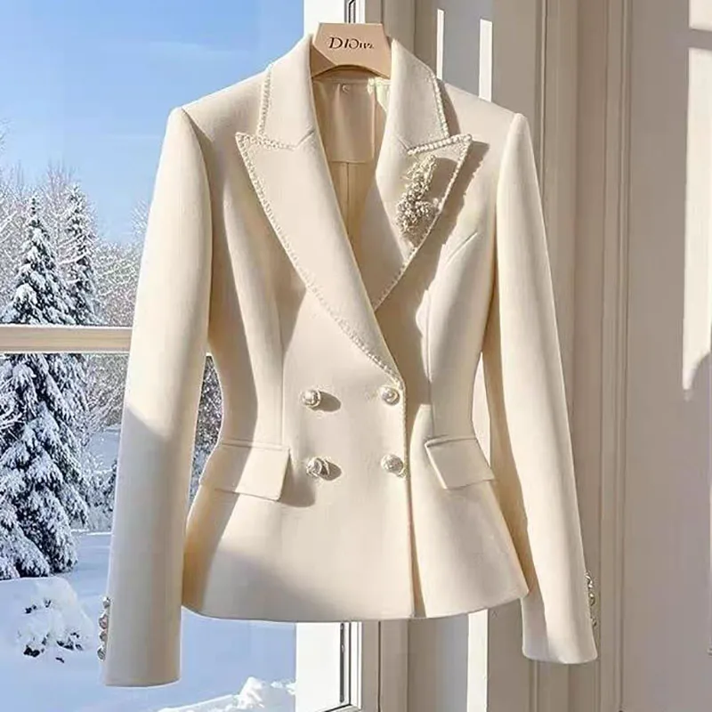 여성용 가을 블레이저, 양모 격자 무늬 정장 코트, PU 가죽 스플라이스 라펠 짧은 재킷, 여성 의류, 2023 년 신제품