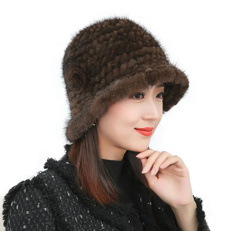 

Winter Women Natural Mink Fur Hat Russia Lady Real Mink Fur And Fox Fur Pompoms Hats Hand Knitted Warm 100% Genuine Mink Fur Cap