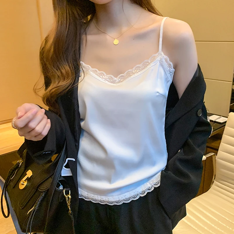 Summer with Lace Silk Camis for Women Spaghetti Strap Top Tank Ladies Tops White Camisole Basic Tops Black White Beige