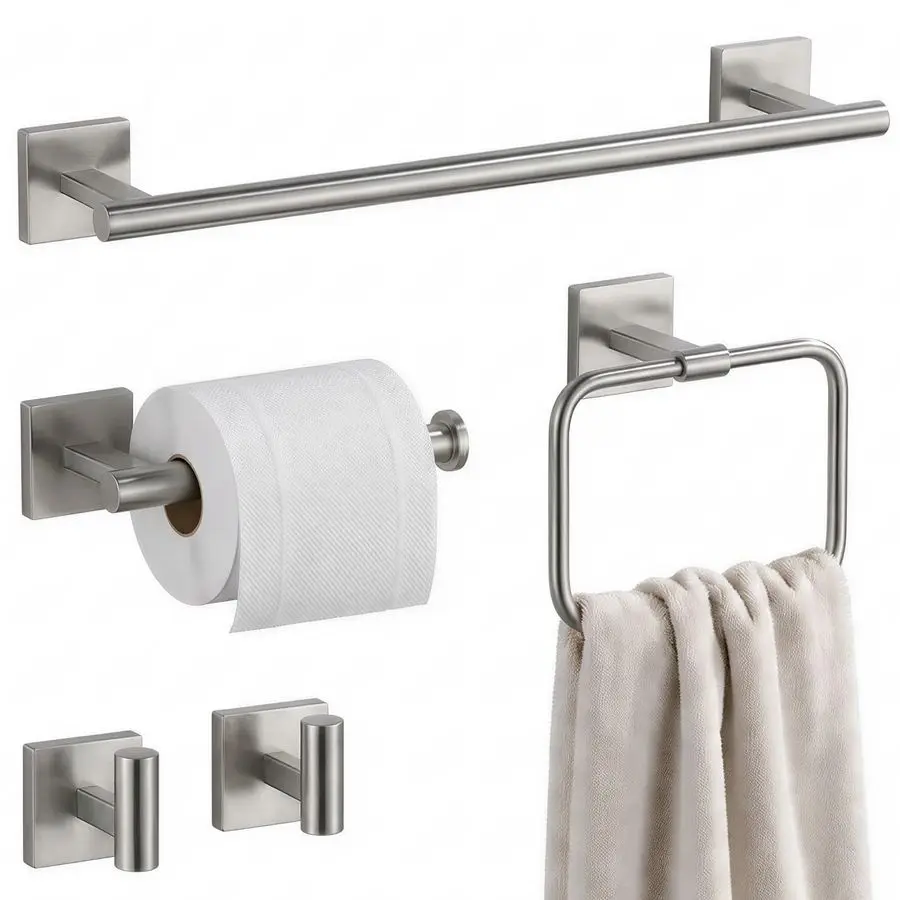 

Brushed Nickel Bathroom Hardware Set 5Piece, FingerprintFree SUS304 Stainless Steel Towel Bar for Small Bath amp RV, Modern Squa