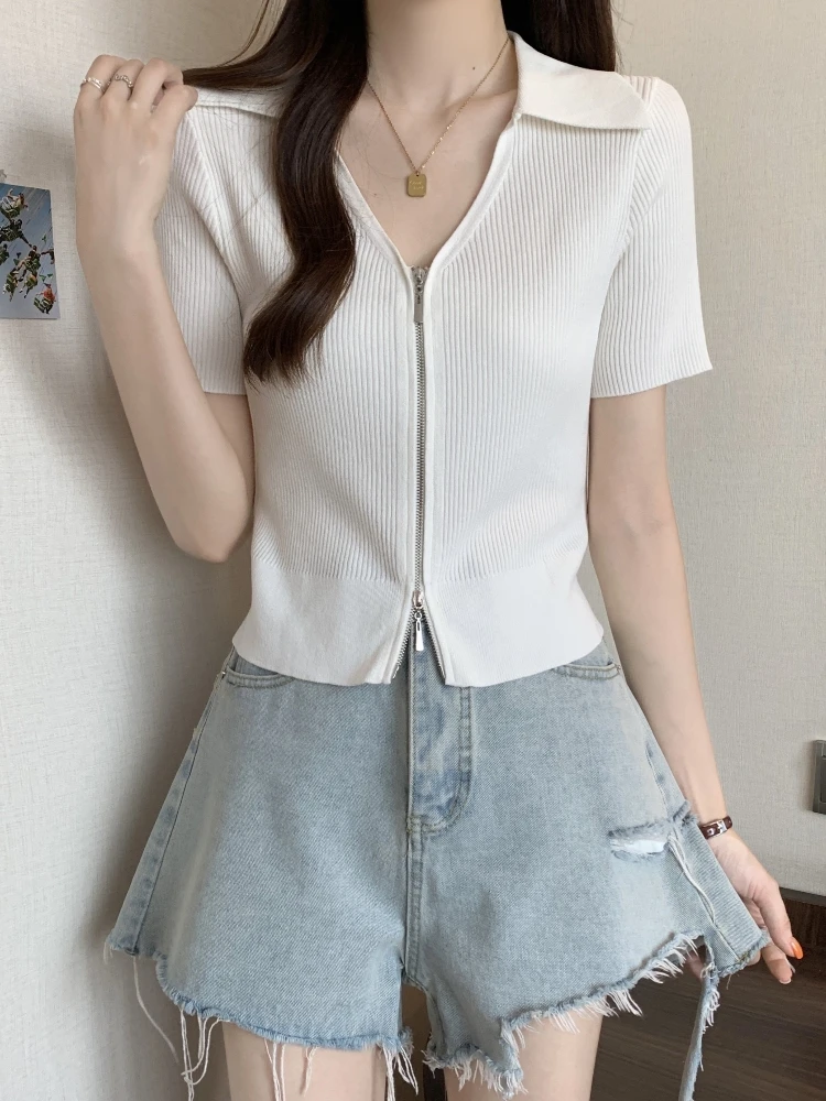 

Slim Fit Ice Silk Neck Short Sleeve T-Shirt Women's Summer Fashion plus Size Double Zipper Top Korean Style Commute Wear