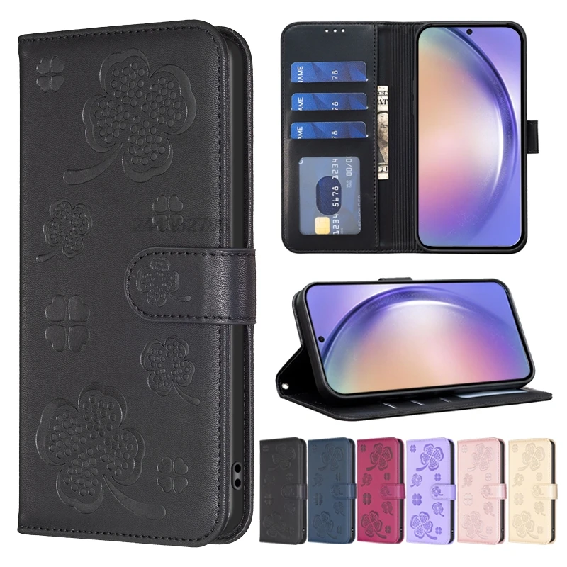 Wallet Magnetic Leather Cover For Samsung Galaxy S24 S23 Ultra S23 S22 S21 S20 FE S10 S9 Plus Four Leaf Clover Embossed Case