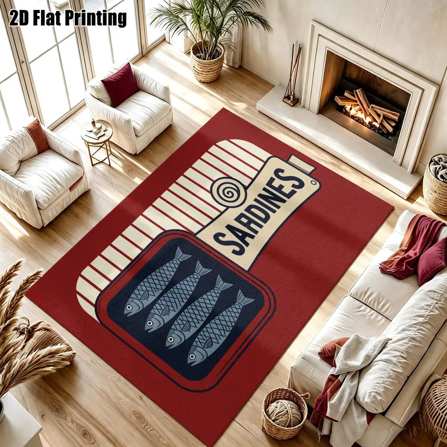 1Pc 2D Printed Retro Red Base Sardine Letter Pattern Nordic/Instagram Modern Minimalist Geometric Striped Carpet, Machine Washable, Multi-Size, Ideal for Home Decor, Entrance/Dining/Foyer/Living/Bedroom