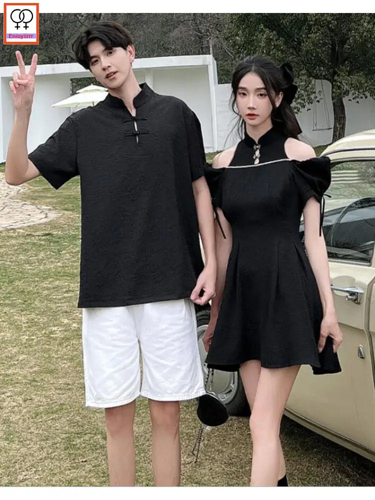 Matching Couple Clothes 2023 Holiday Honeymoon Summer Outfits Date Girls Boyfriend Female Male Lovers Retro Couple Shirt Dress