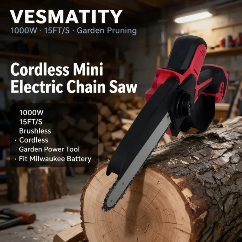 Electric Chain Saw Pruning Saw Brushless Cordless Mini Electric Saw 1000W 15FT/S Garden Power Tool Fit Milwaukee Battery