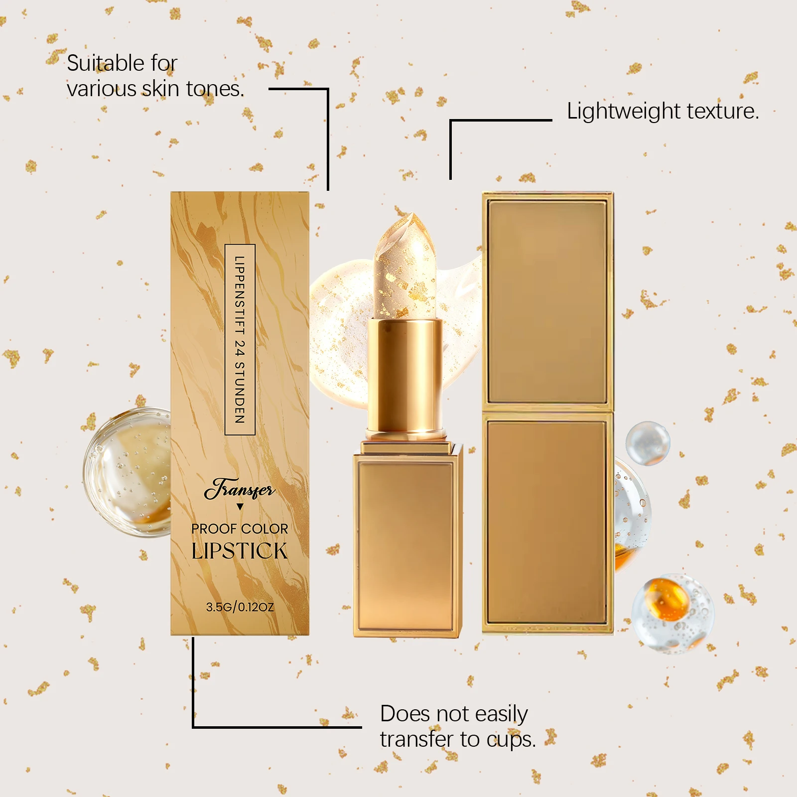 Farbwechselnder Lippenstift mit Goldpartikeln, feuchtigkeitsspendend, glänzend, transferfest, langanhaltend, feuchtigkeitsspendender Lippenbalsam, weicher, praller Finish, 3,5 g – Detail 5