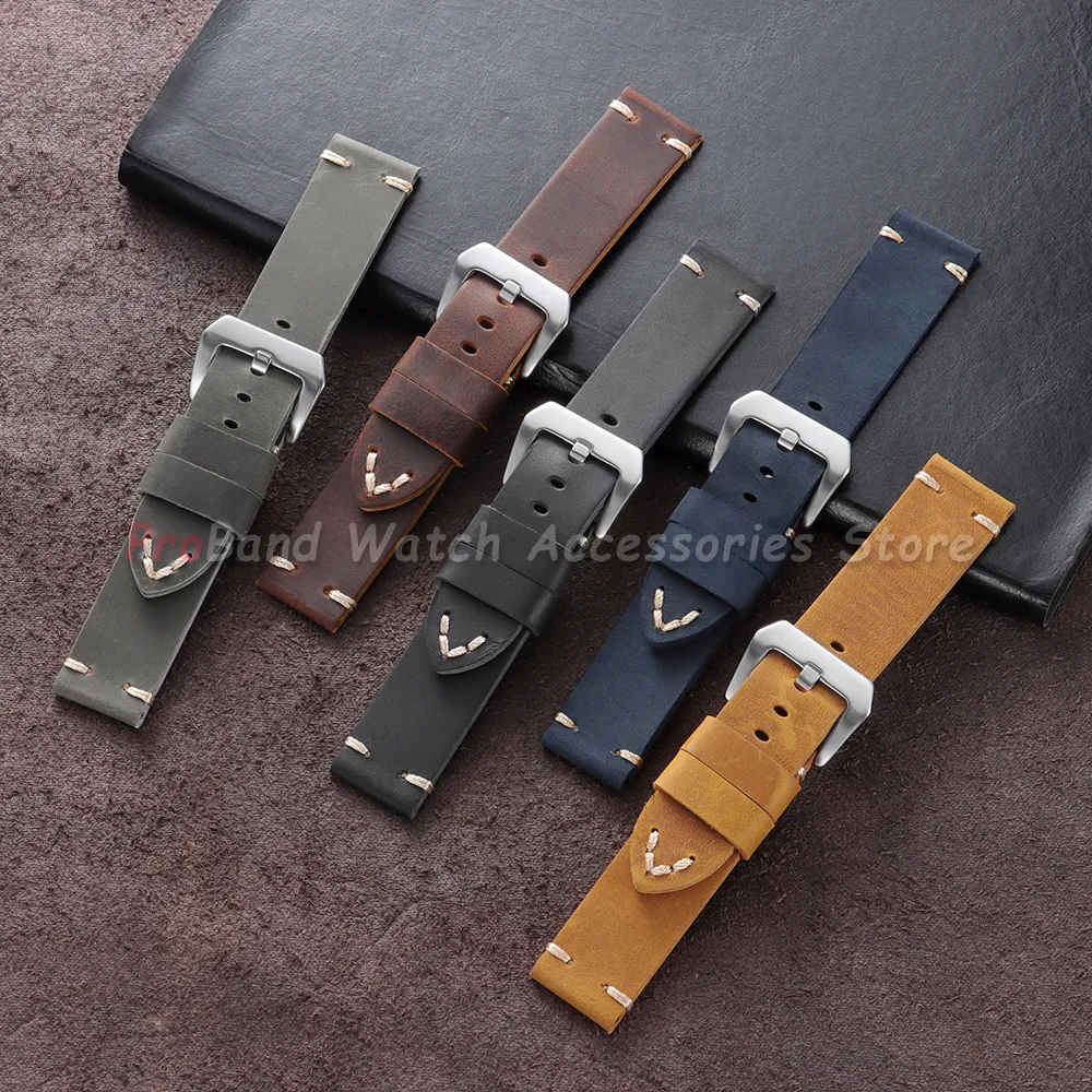 18/20/22/24/26mm Vintage Cowhide Watch Band Handmade Stitching Leather Watch Straps for Panerai for Seiko Smartwatch Wristband