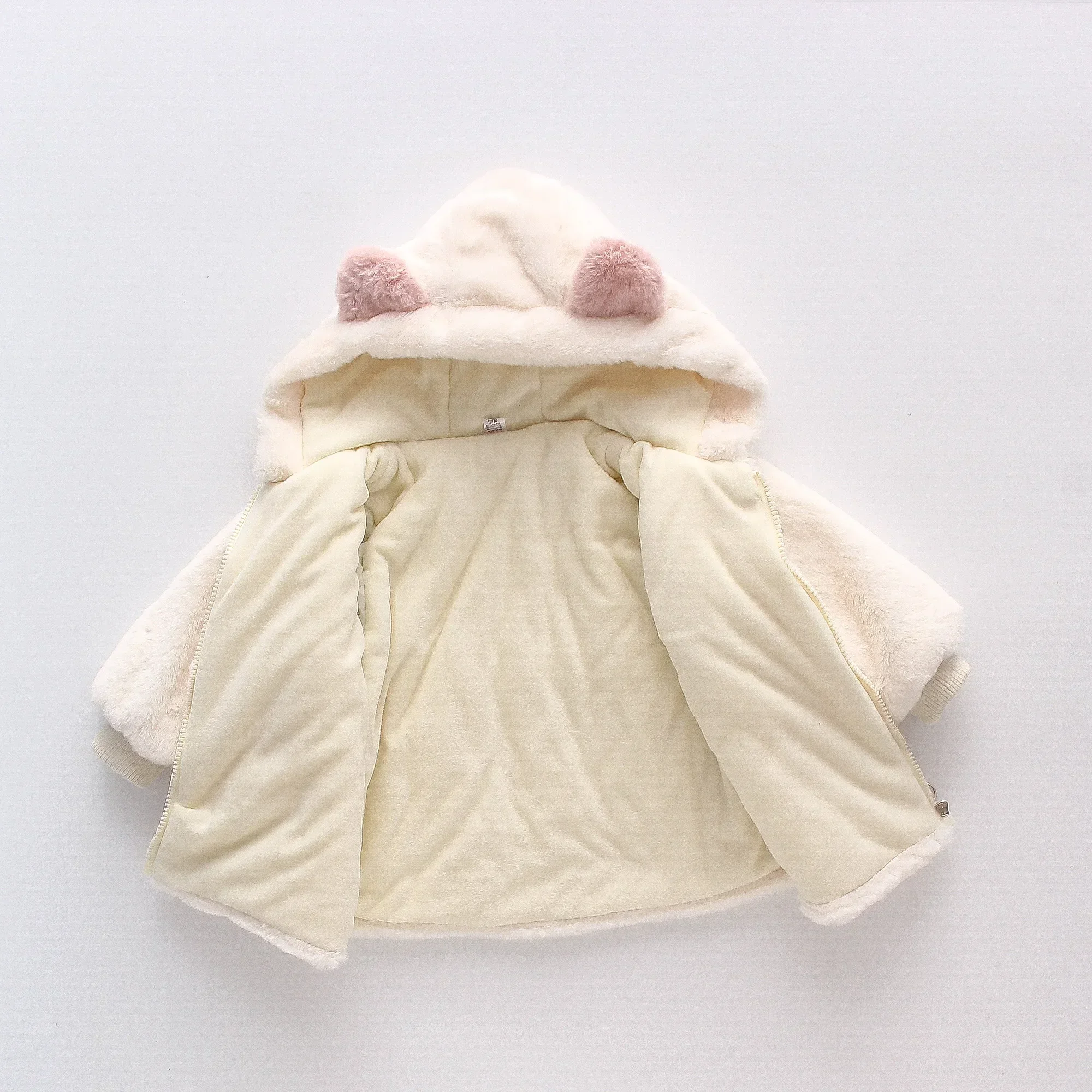 (0-3 Years Old Girls) New Winter Girl Tire Furry Bear Ears Hooded Coat Long Sleeve Warm Furry Zipper Cardigan Cute Coat