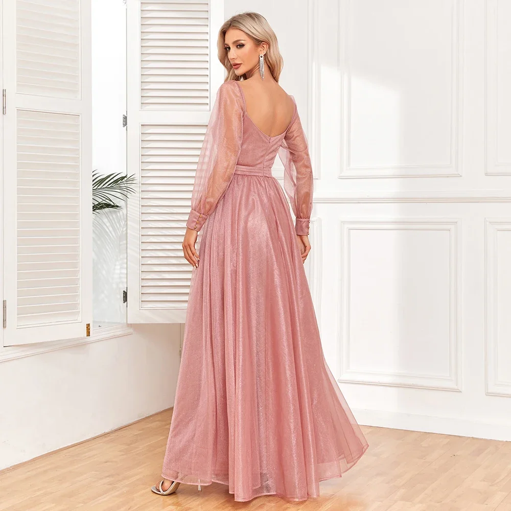 Robe de soirée élégante à manches longues pour femmes, col en cœur, tulle brillant, robes de demoiselle d'honneur roses A-Line, fête de mariage