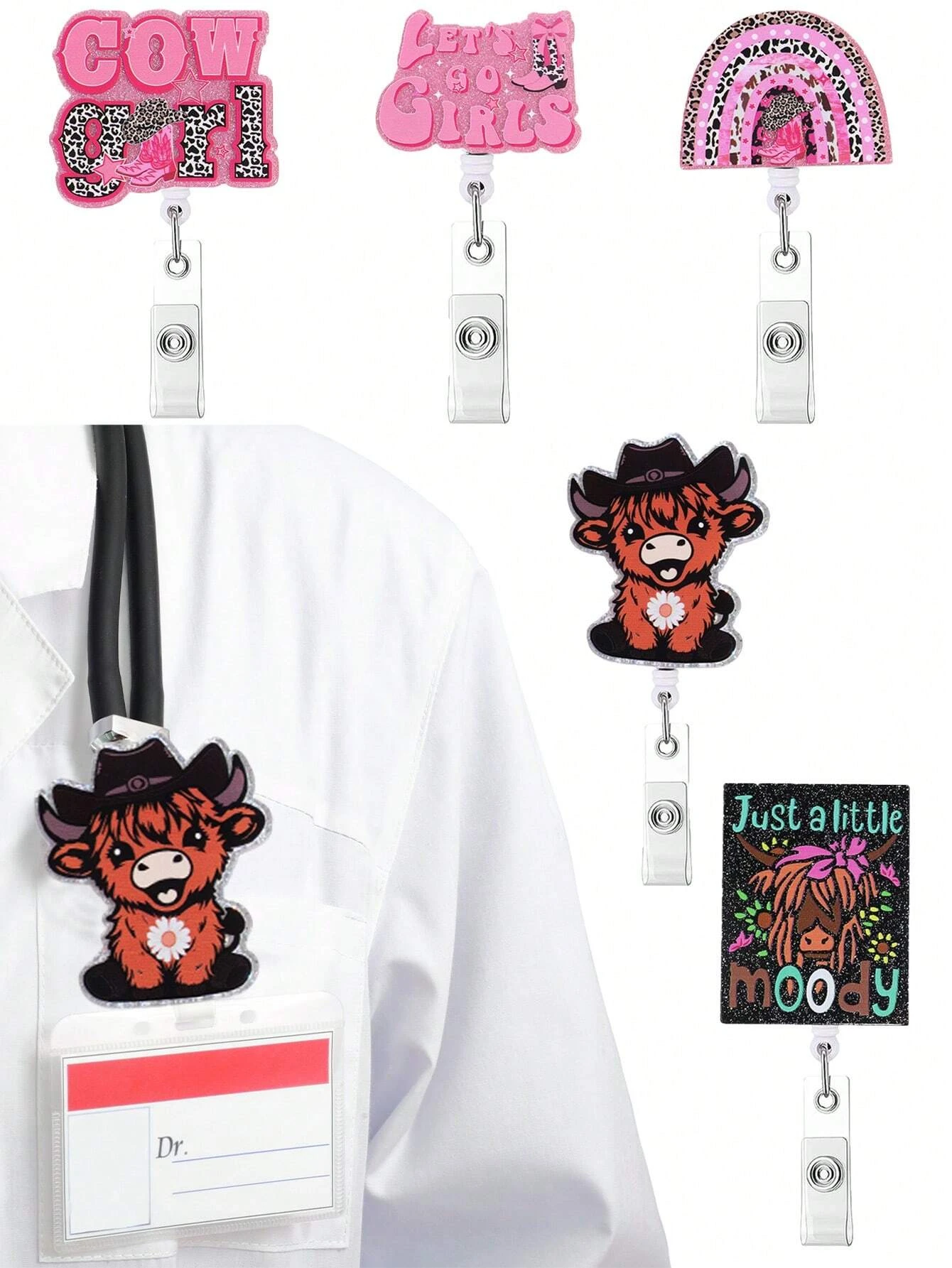 ワニ口クリップ付き格納式バッジホルダー,ワニ口クリップ付き格納式バッジホルダー,ブラウン,ヤク,看護師,教師,学生,医師,1個