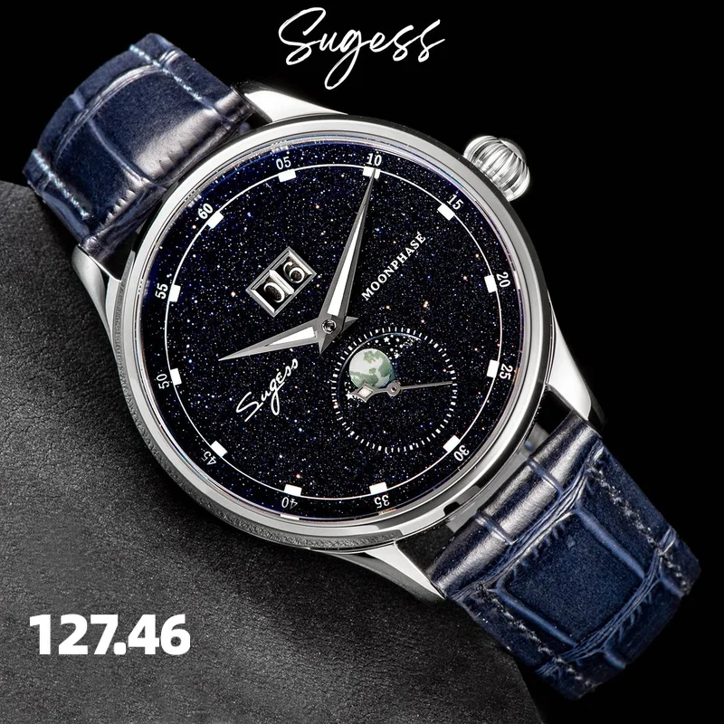 Sugess Mens Watch Limited Edition Moonphase 316L Stainless Steel Case Tianjin ST2528 Movement Luxury Gemstone Stars Dial Gift V3