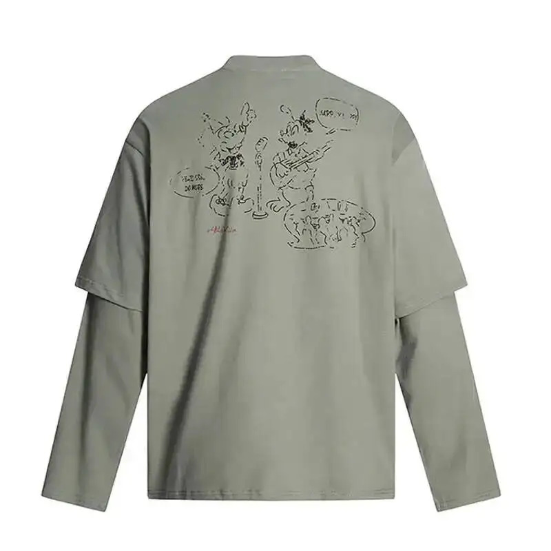 Round Neck Patchwork Men's T-shirt Long Sleeve Print Design 2025 Autumn Contrast Color Male Tops C9TNY