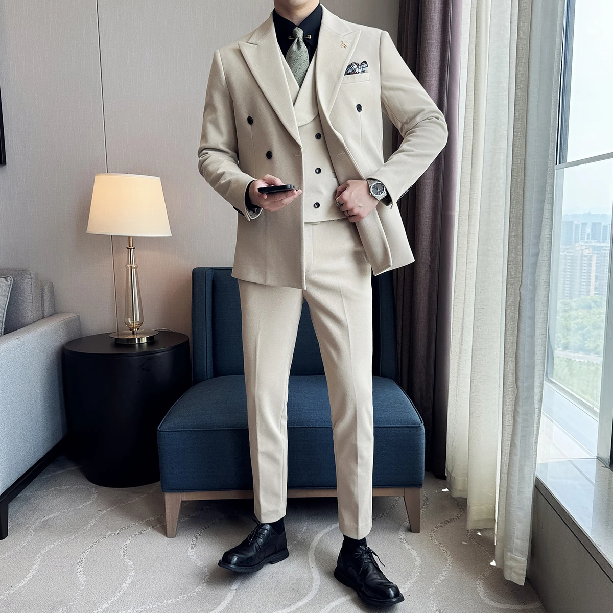 (Jacket+Vest+Pant) Autumn Winter Thickened Woolen Suit 2024 New High Quality Slim Business Tuxedo Fashion Wedding Social Suits