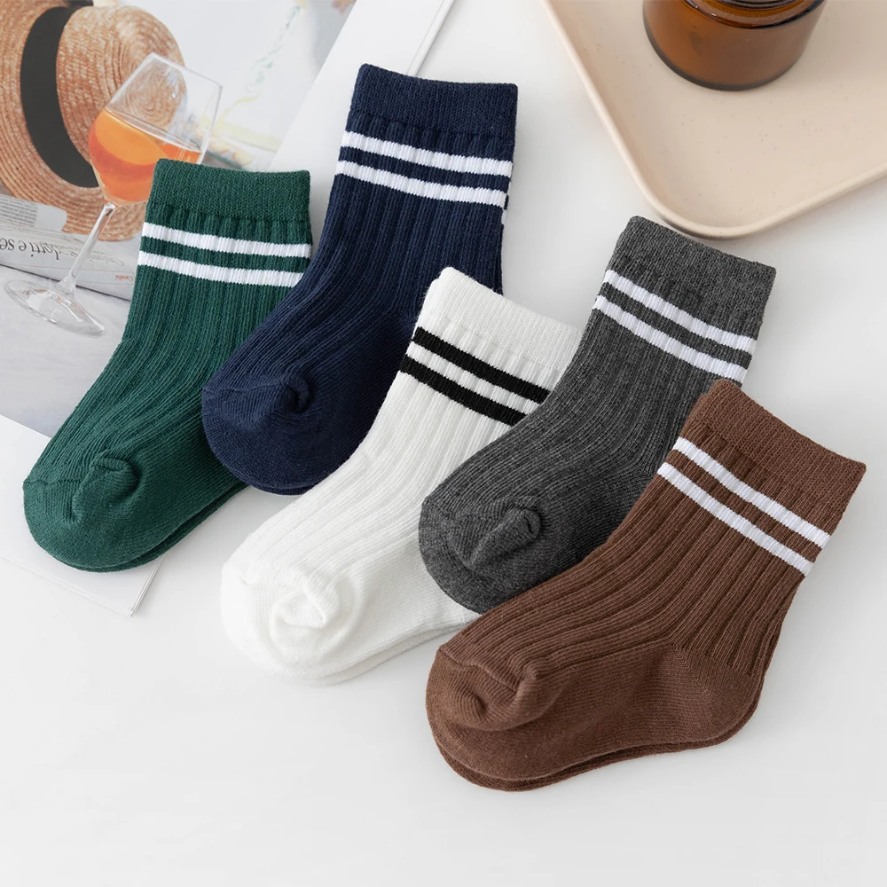 5 Pairs/set 0-5Y Baby Boys Socks Soft High Quailty Striped Infant Boys Socks White Elementary School Kid Boys Socks Four Seasons