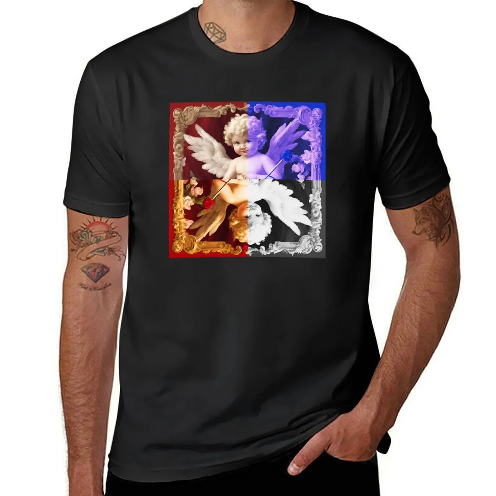 Classical and Surreal Interpretations of Cherubic Figures in Vibrant Quadrants T-Shirt plus sizes oversized clothes for men