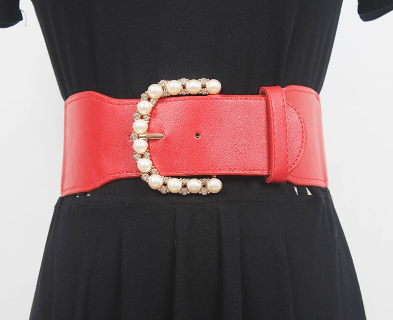 Women's Runway Fashion Pearl Elastic PU Leather Cummerbunds Female Dress Corsets Waistband Belts Decoration Wide Belt R959