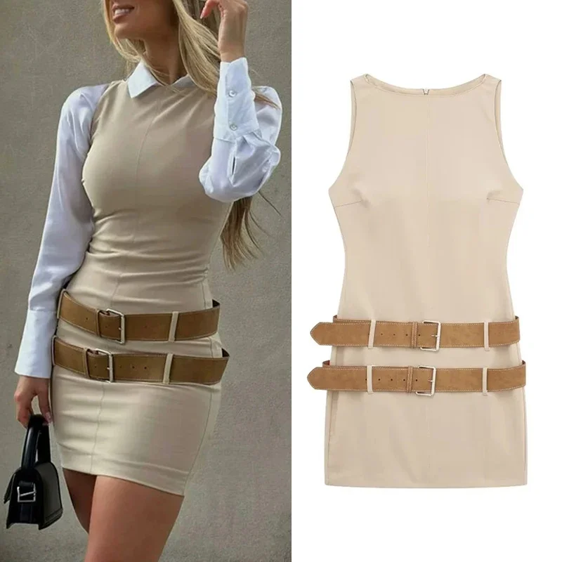 

Women Belt Mini Dress 2024 Sleeveless Short Dresses Woman Streetwear Bodycon Dress Women Casual Fashion Summer Dresses