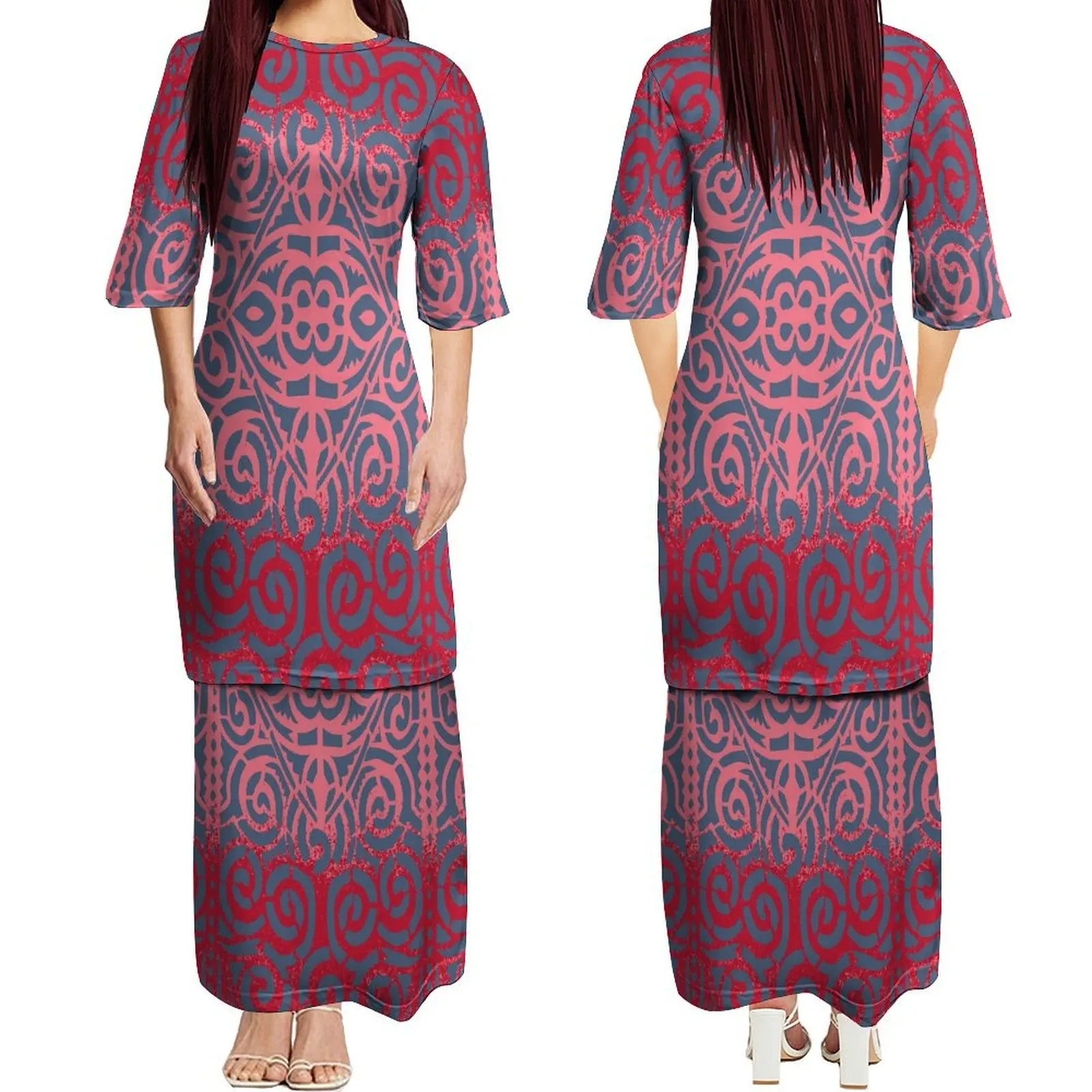 High Quality Women's Crew Neck Dress Tonga Tribal Fashion Long Skirt Polynesian Part With Double Suit Skirt Puletasi