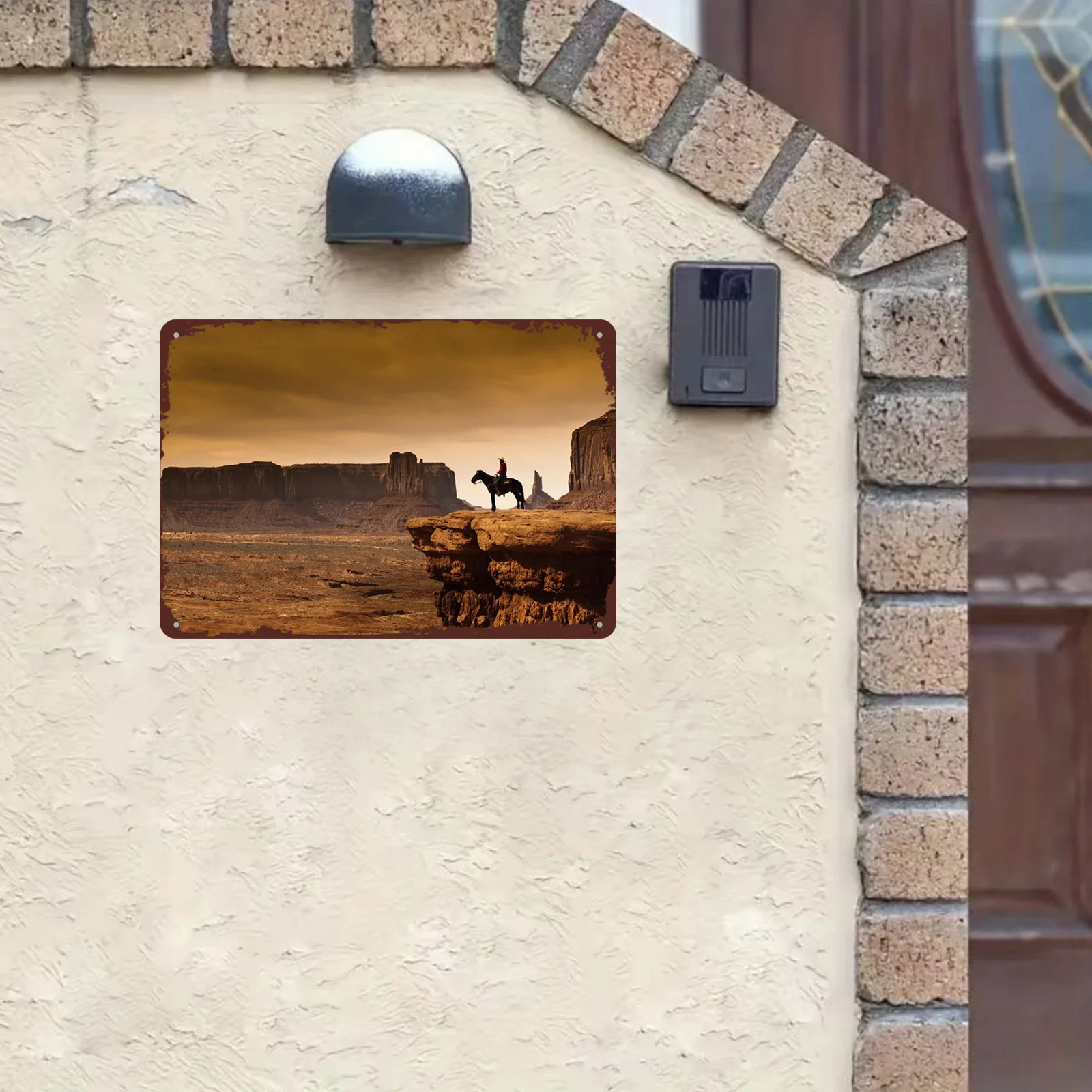 2D plane, western cowboy in the rural west and Indian mountain scenery metal sign - 8X12 inches home wall art decoration