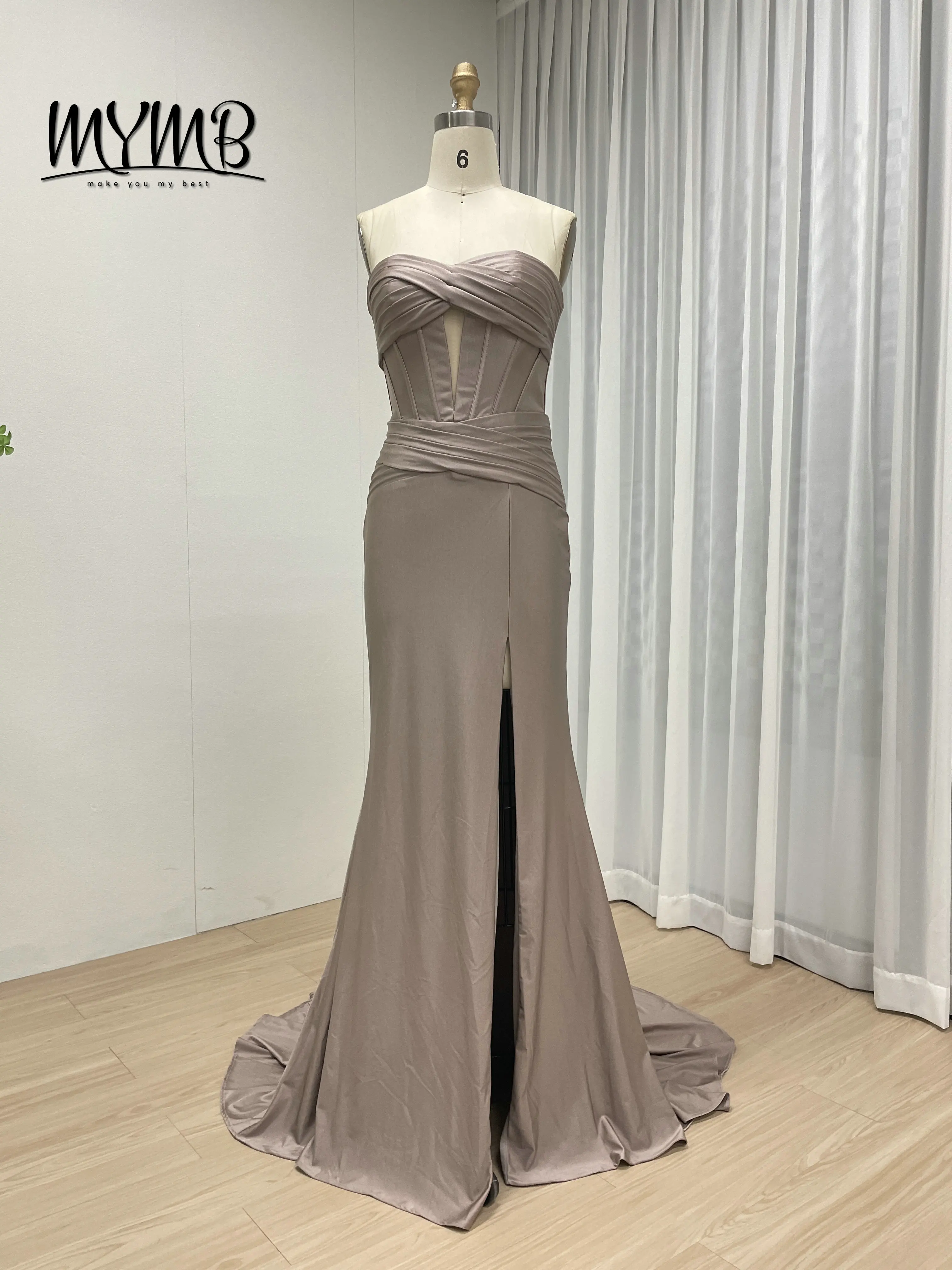 MYMB Gorgeous Caramel Strapless Evening Gown with Chic Ruched Details High Slit Flattering Fit Ideal for Prom Weddings MC20074