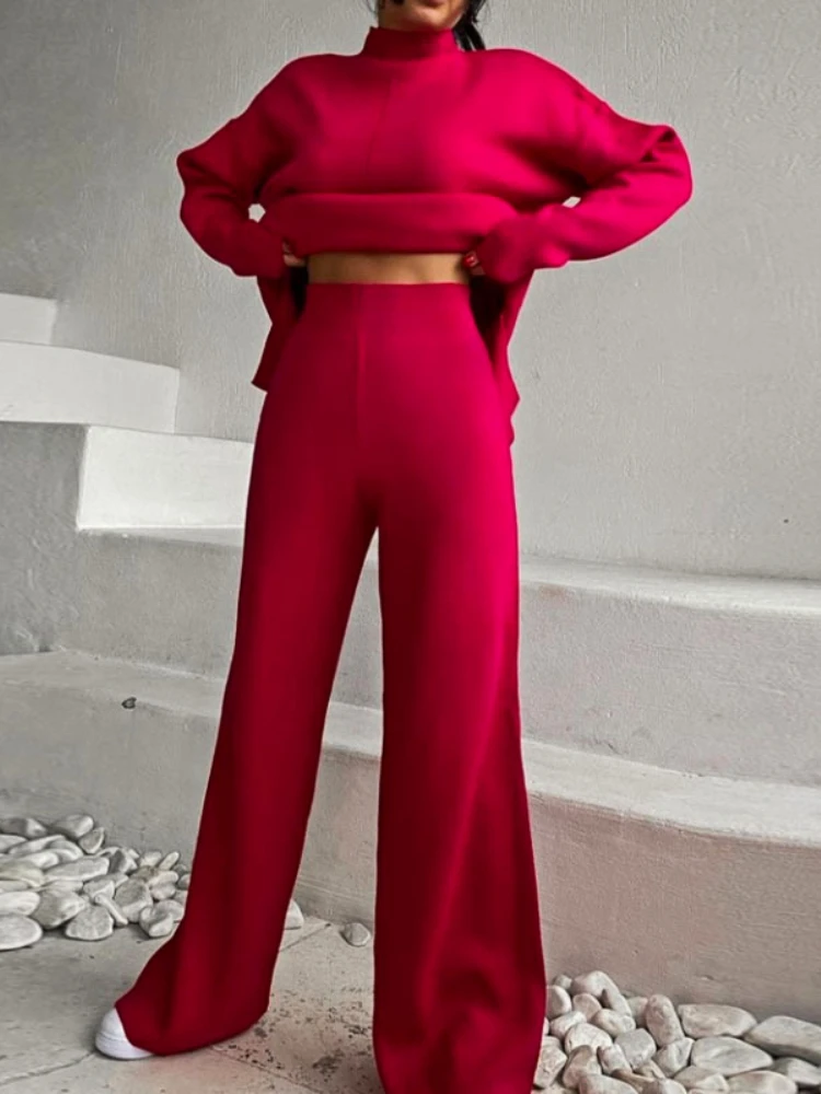 Winter Women Knitted Suit Warm Solid Split Pullovers and Wide Pants Two-piece Suit  Female Half Turtleneck Oversize Tracksuit