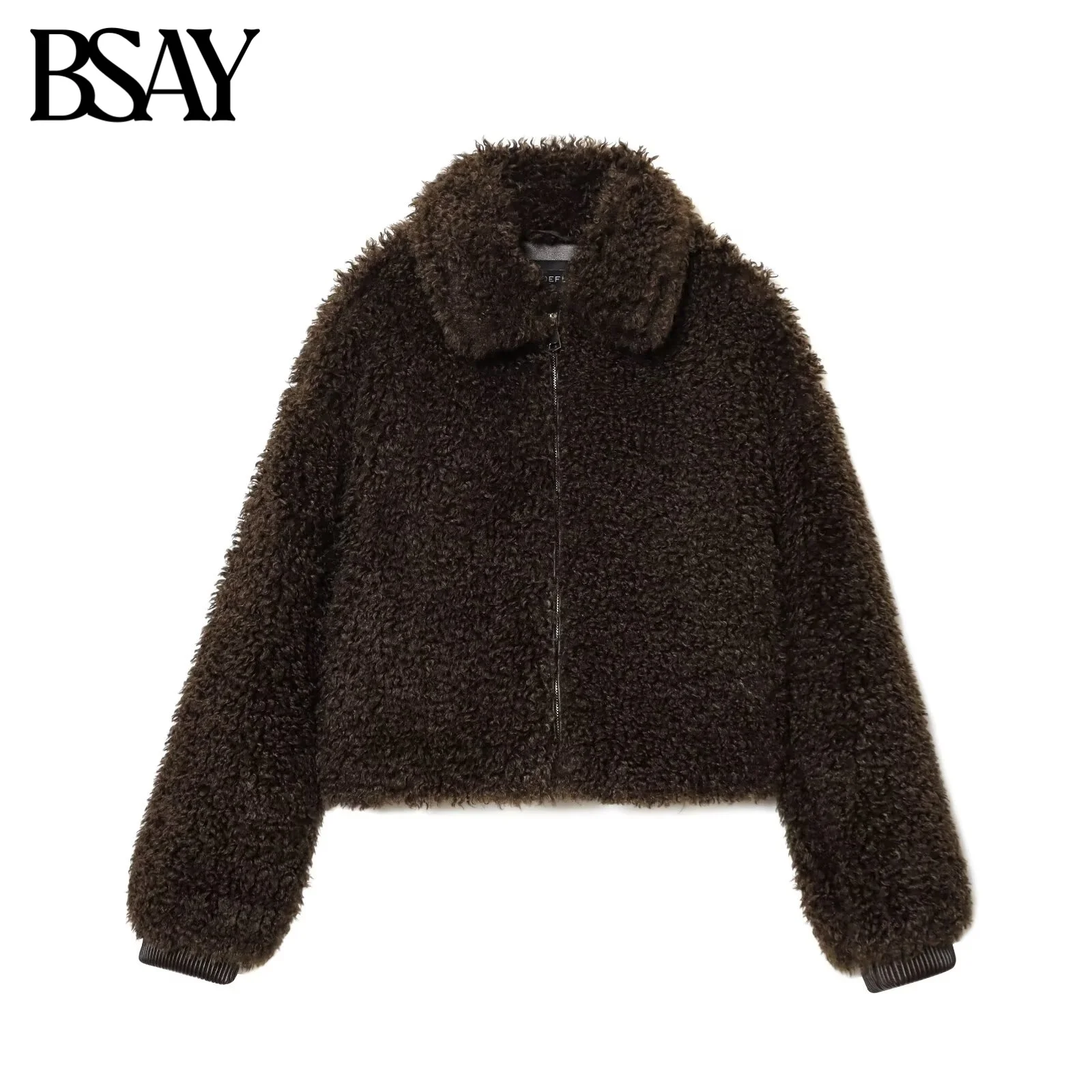 

BSAY Artificial Fur Fleece Jacket for Women Fashion Winter New Solid Color Long Sleeve Lapel Zip Warm Short Jackets Coat