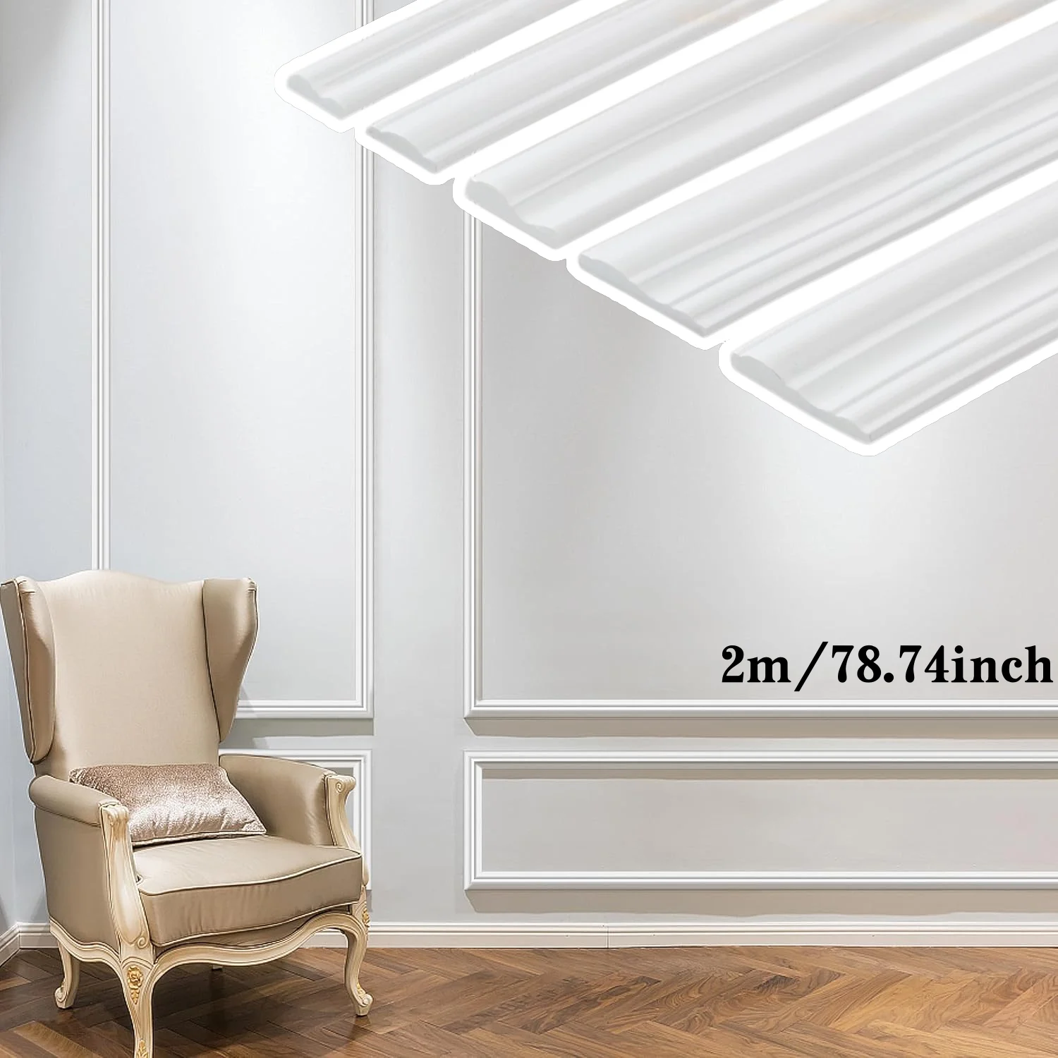 1PC 2m/78.74inch Peel and Stick Wall Molding Trim, Lightweight Chair Rail Wainscoting Panel, Finish Strip for Home Decoration