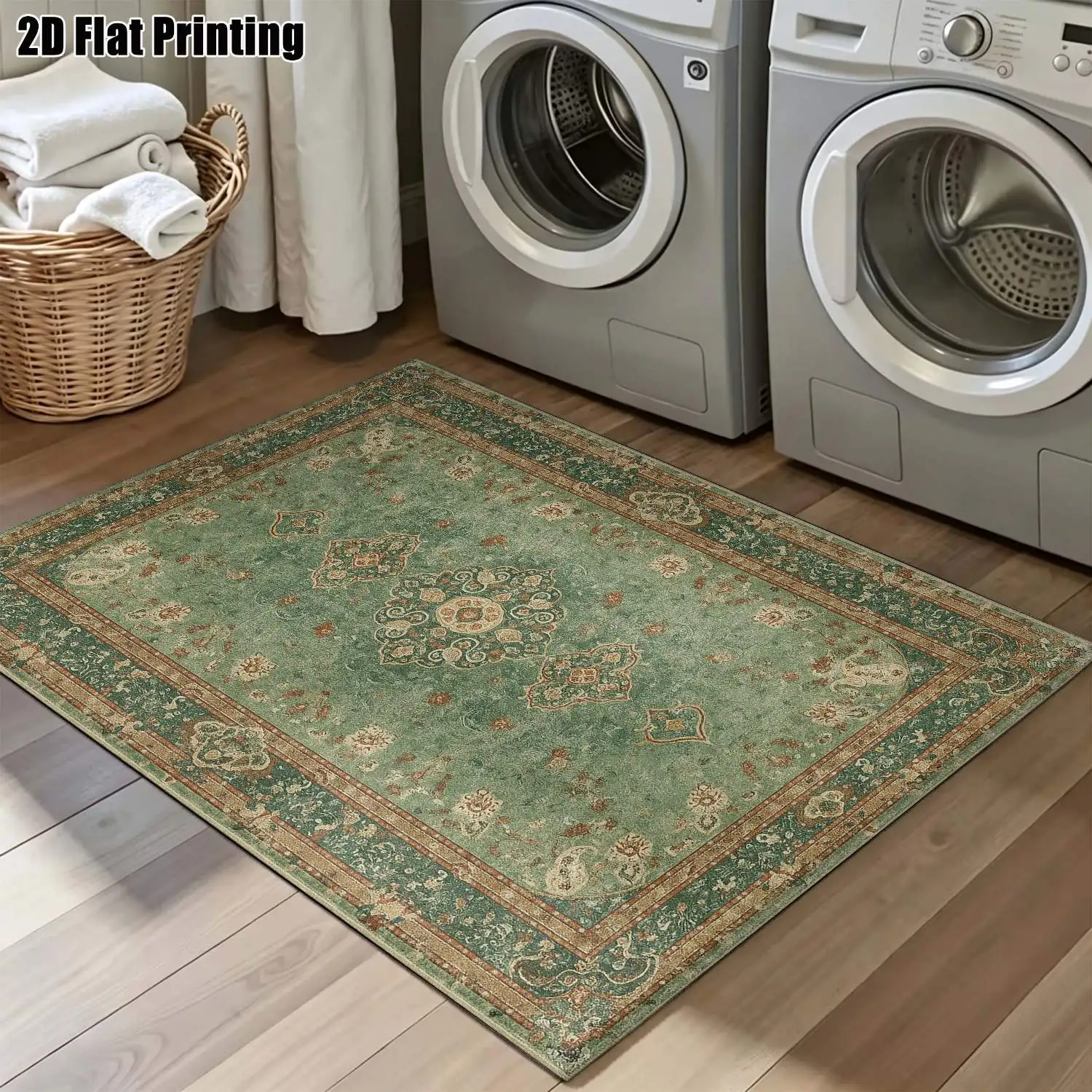 1Pc 2D Printed Green Retro Floral Carpet European Retro Geometric Style, Home Decor, Multi-Size, Machine Washable, Suitable for Entrance, Dining Room, Foyer, Bedroom, Living Room.