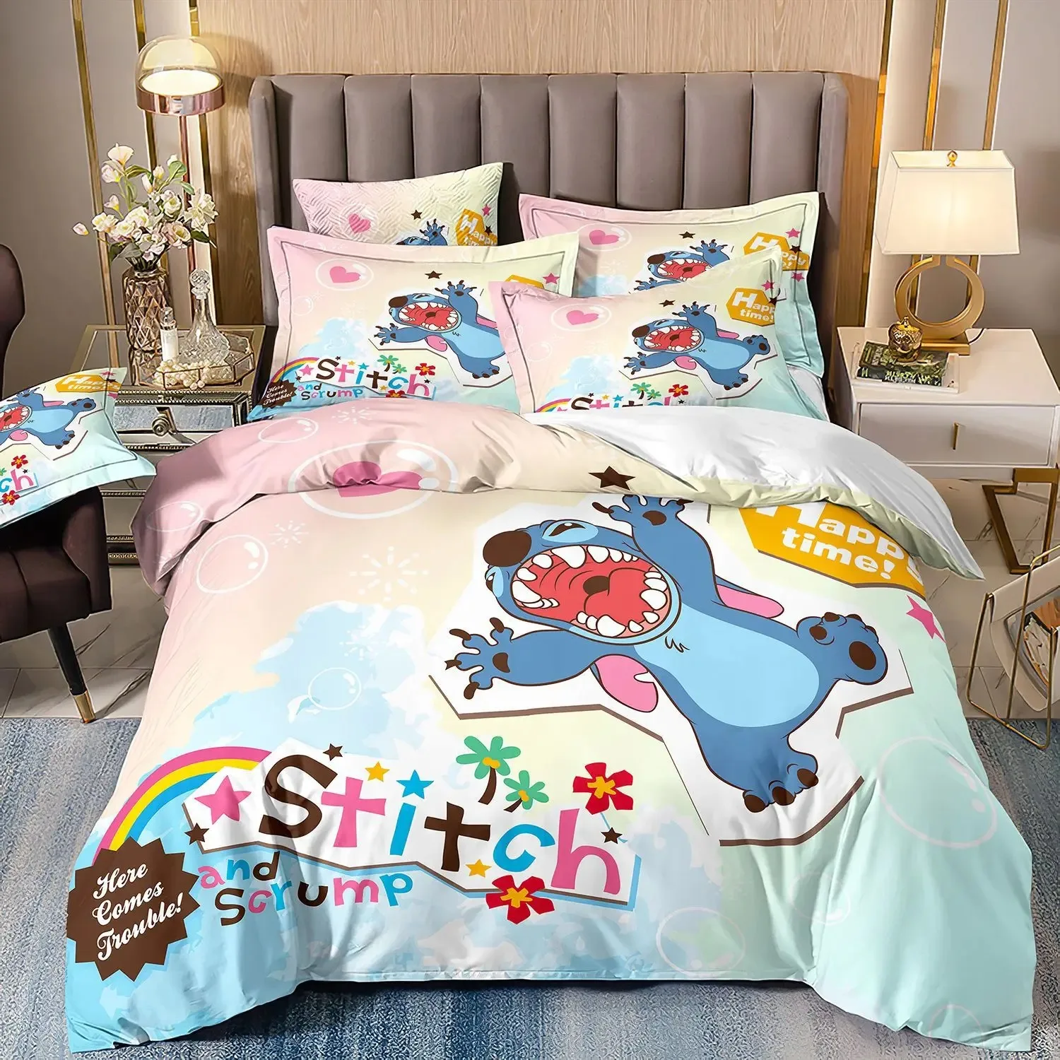 Stitch Pattern Bedding Sets Comforter Quilt Bed Cover Duvet Cover Pillow Case 2-3 Pieces Sets Kids Adult Size for Bedroom