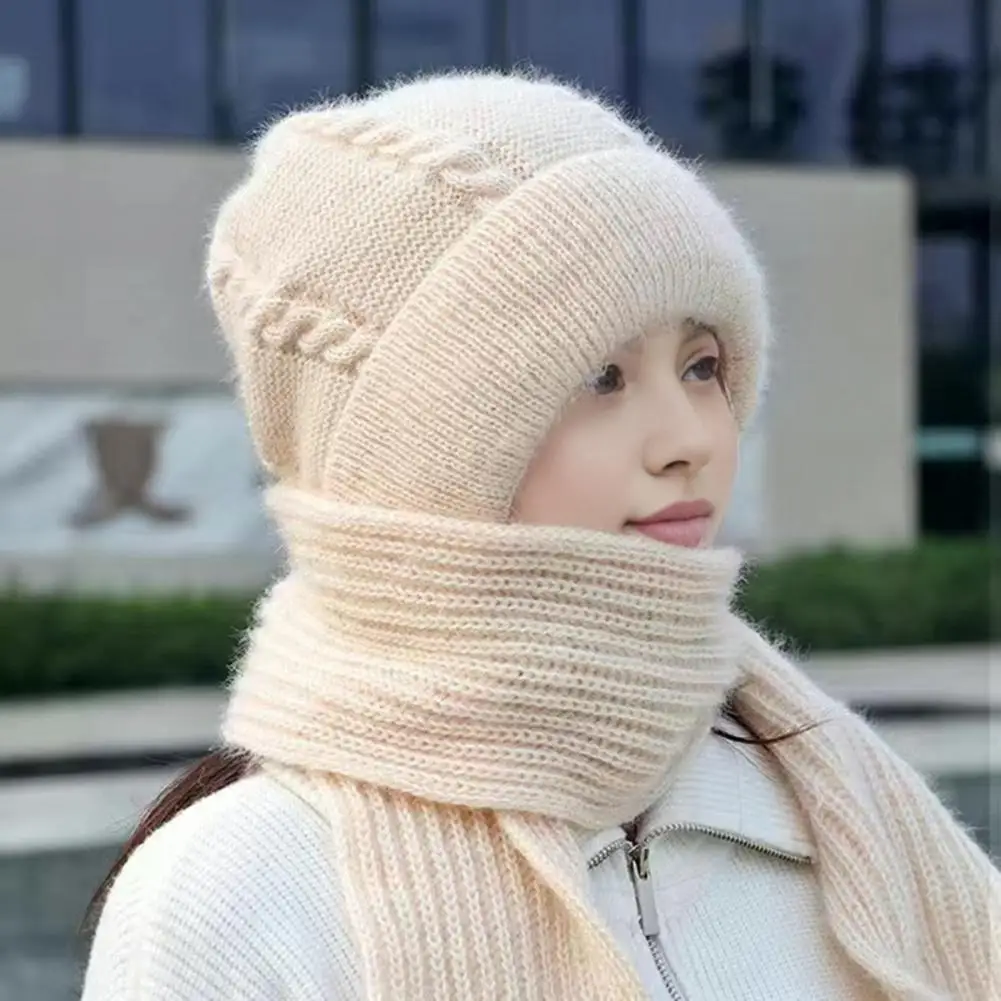 Elastic Winter Hat Acrylic Fabric Hat Windproof Knitted Winter Hat with Long Scarf for Women Thick Warm Outdoor Travel Cap