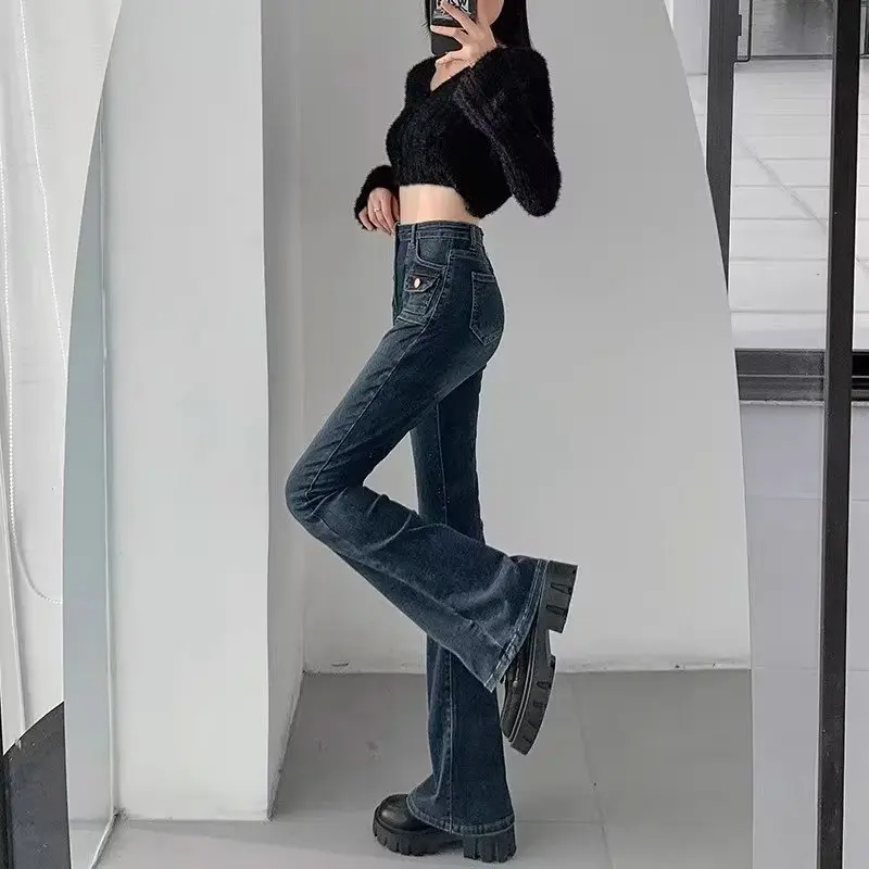 Jeans Women Autumn Personality Pockets Japanese Style Vintage Washed Denim Trousers High Street Aesthetic  All-match Full Length