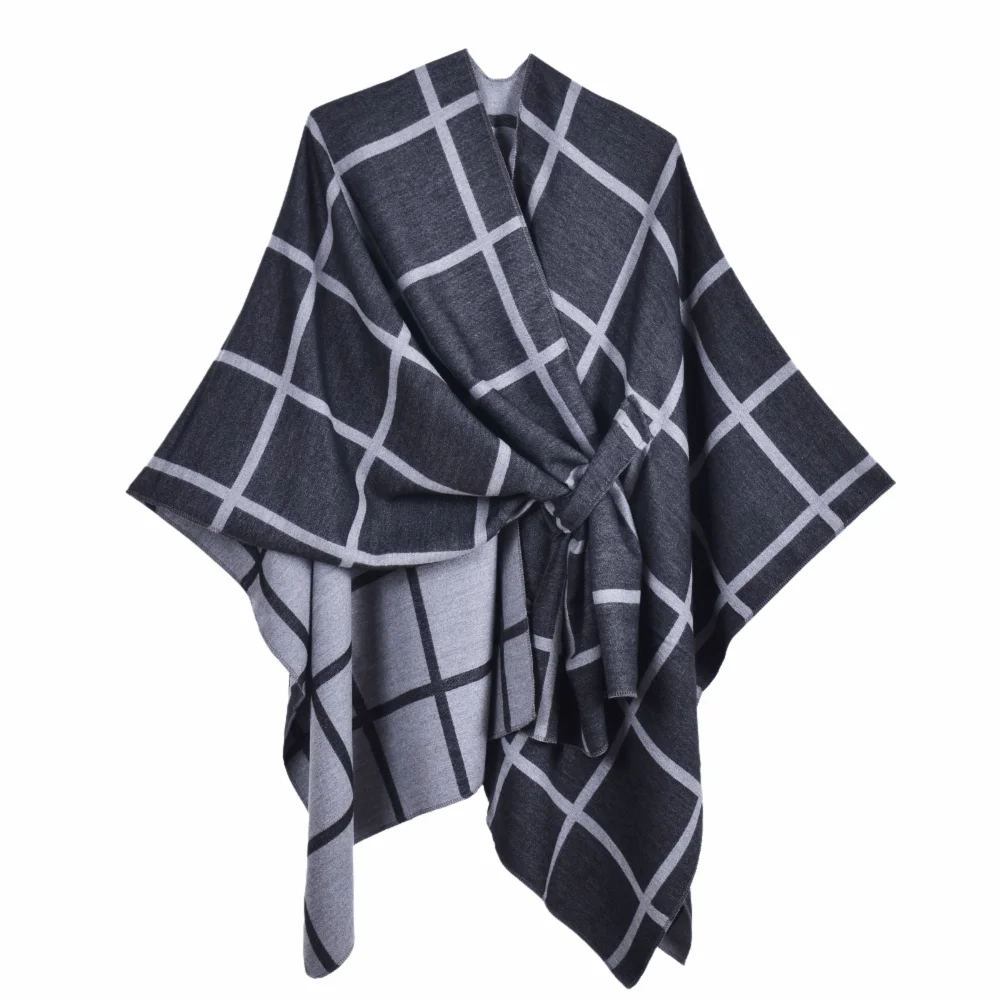 高級格子柄デザイントラベルショールオープンフロントイミテーションカシミヤポンチョラップ厚いブランケット暖かいカーディガンショール秋冬
