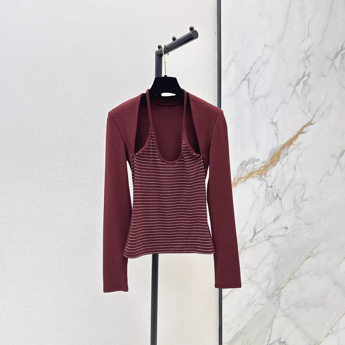 2026 high-quality women's neck hanging tie fake two-piece long sleeved top--hb812