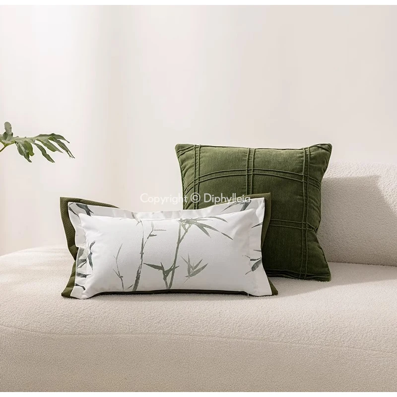 Diphylleia French Oriental Retro Bamboo Leaves Decorative Pillow Cover Luxury Patchwork Rectangle Cushion Case Chic Home Decor