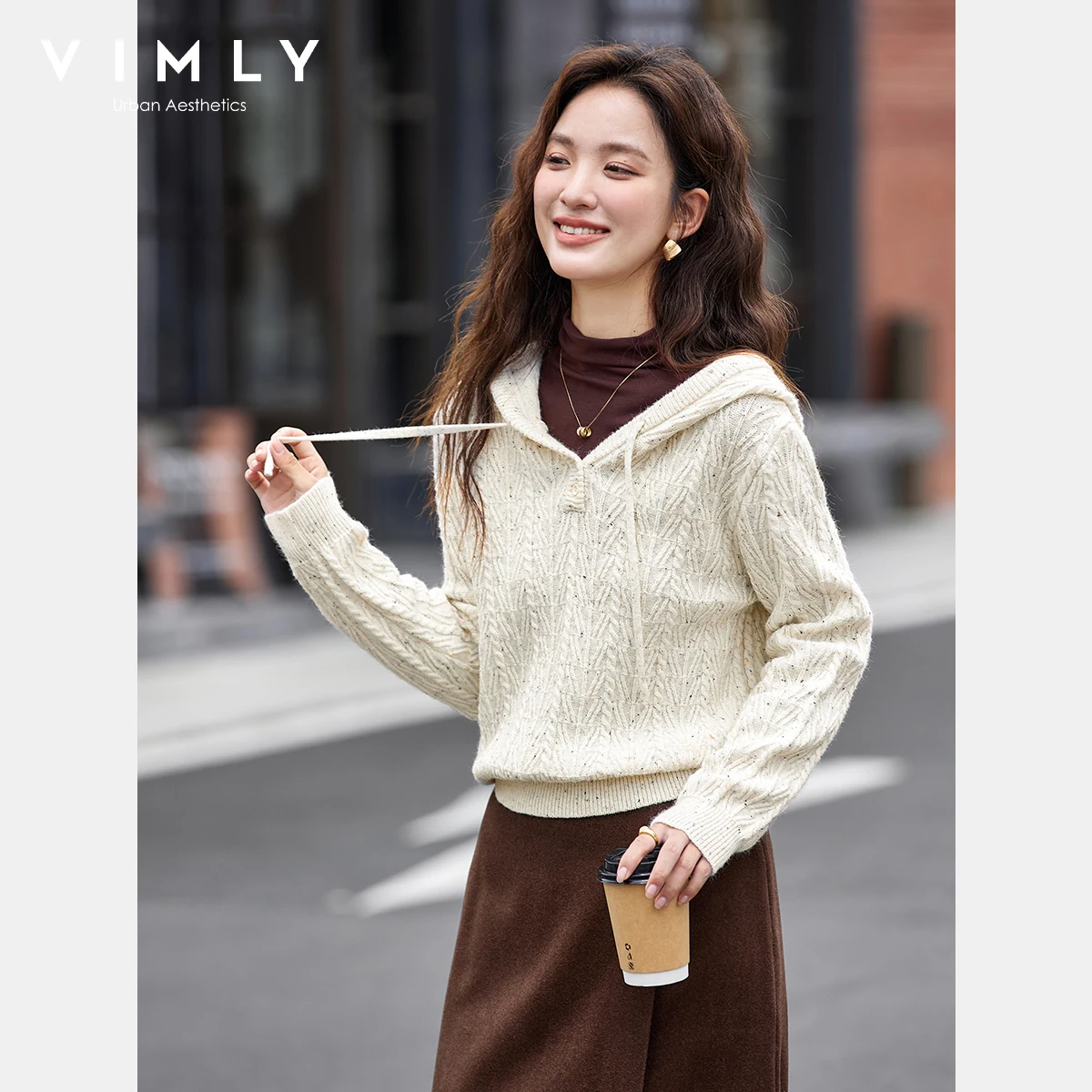 VIMLY Aprikosen-Kapuzenpullover Herbst 2025, neuer lässiger Strickpullover mit Kordelzug, eleganter Langarm-Tops für Damen 75090